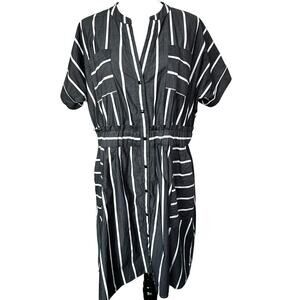 KARL LAGERFELD Women's 14 Gray White Stripe Short Sleeve Snap Midi Dress Pockets